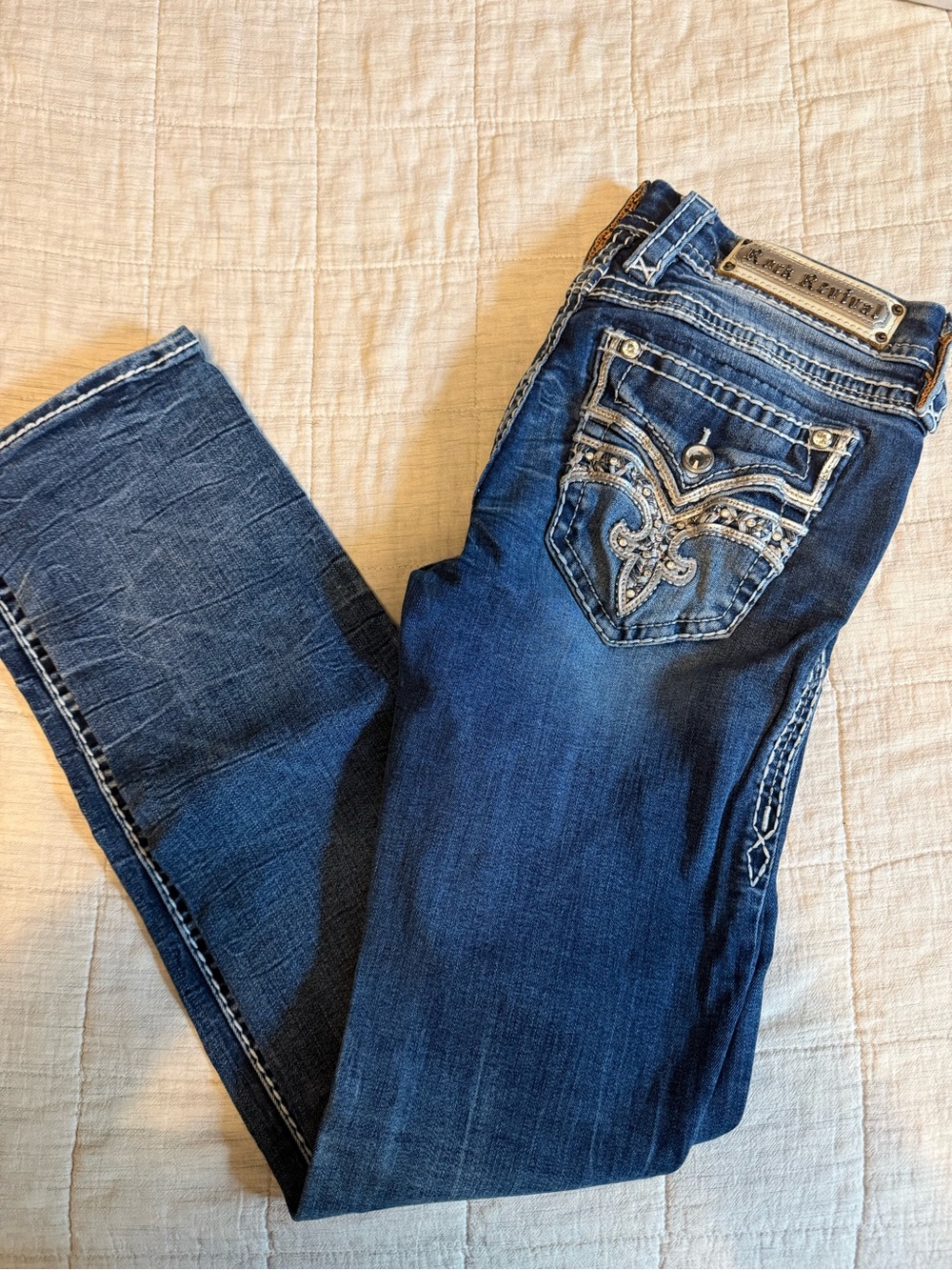 Rock Revival Shaylee Straight Jeans Size 28 Dark Wash Embellished Flap Pocket